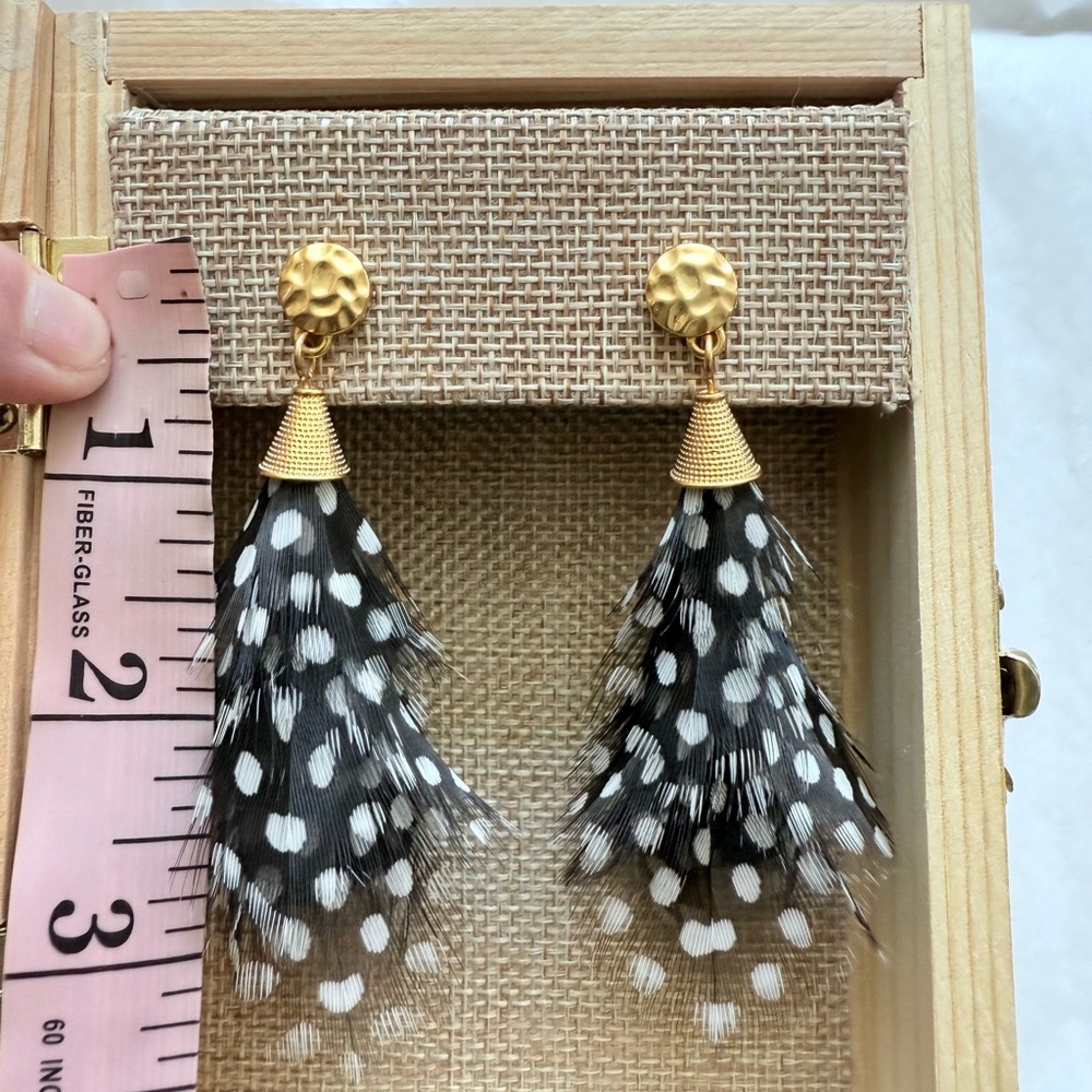 Gold Top Black & White Feather Drop Earrings - Picture 9 of 12
